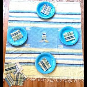 Vintage Mexico cotton tablecloth set , Southwest Aztec design